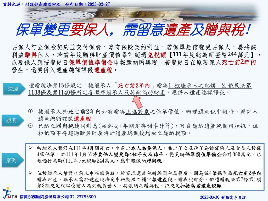 保單變更要保人，需留意遺產及贈與稅!